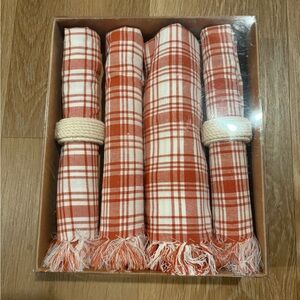 Large Dinner Napkins Fall Plaid Fringed Set Of Napkins With 2 Rings New
